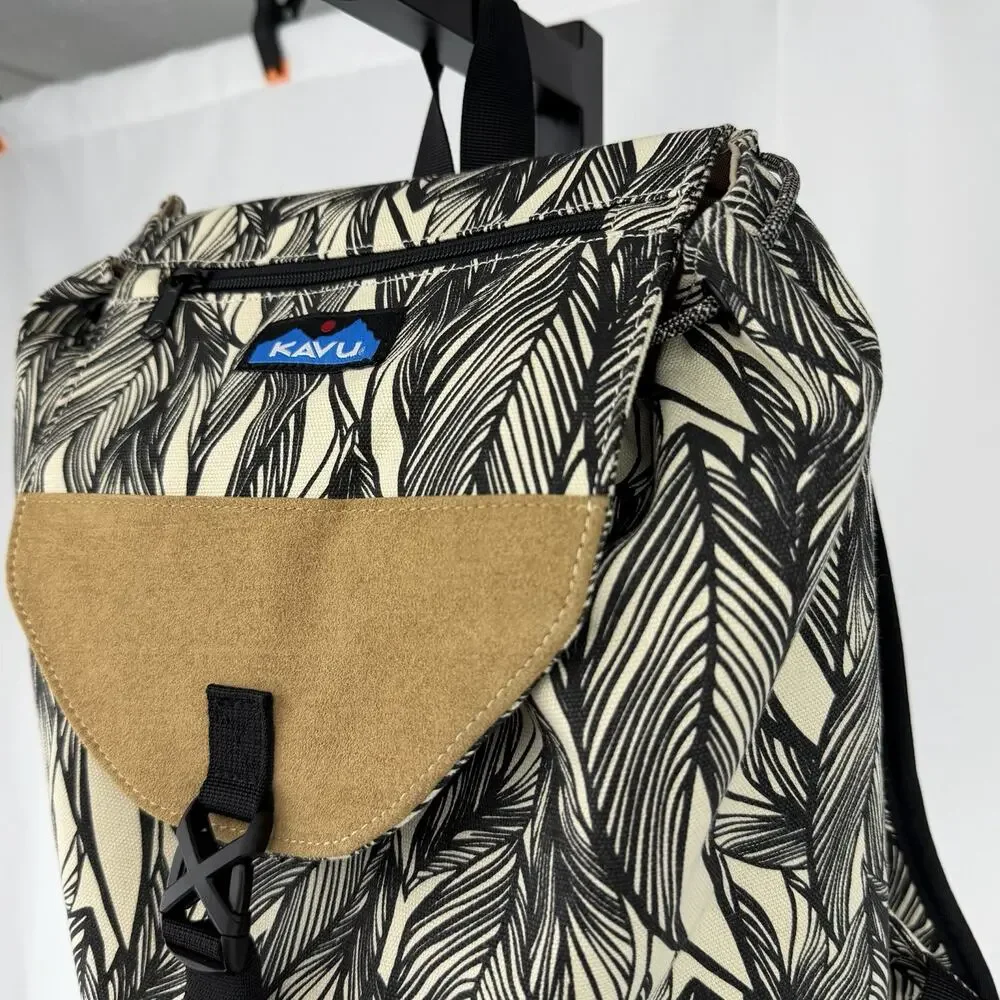 KAVU Feather Print Drawstring Backpack Cream Black Canvas Rucksack Daypack